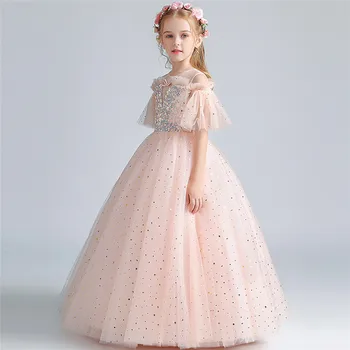 Deti, Dievčatá Luxusné Ružová Farba Sequined Dizajn, Narodeniny, Svadobné Party Princess Nadýchané Šaty Deti Večer Obrad Šaty Hosť
