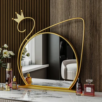 GY Kreatívne a Mierne Luxusné Zrkadlo Ploche Kozmetické Zrkadlo Ploche Zlato Swan Zrkadlo kolo Led make-up Zrkadlo so Svetlom