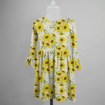 Novinky jar, baby, dievčatá, deti, oblečenie bavlna slnečnice dlhý rukáv volánikmi šaty boutique kvetinový koleno dĺžke