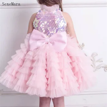 Lesk Ružový Kvet Dievča Šaty Sequin Baby Girl Dress Nafúknuté Šaty Pre Dievčatá, Deti Narodeninovej Party Šaty