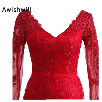 Vlastná Veľkosť Dlhé Červené Večerné Šaty S Rukávmi, tvaru Čipky Party Šaty Elegantné Formálne Šaty Žien Župan de Soiree Longue