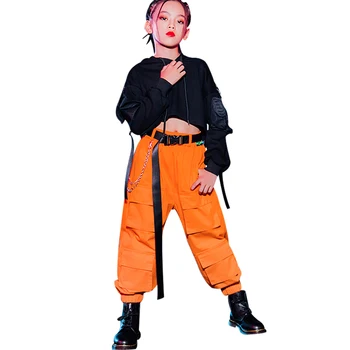 Móda Hip-Hop, Tanečné Kostýmy Pre Dievčatá, Čierna mikina s Kapucňou Top Orange Hiphop Nohavice Jazz Výkon Oblečenie Ulici Dancewear DQS6225