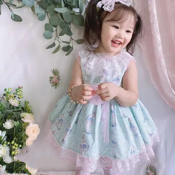 Miayii Detské Oblečenie Letné Španielsky Lolita Princezná Guľové Šaty Luk Tlač Bez Rukávov Tureckom Štýle Strany Eid Šaty Pre Dievčatá A65