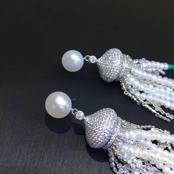 Dlhé strapce drop náušnice 925 sterling silver s prírodnými sladkovodné perly a kubický zirkón trendy jemné ženy šperky