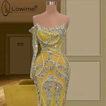 Luxusné Lištovanie Žltá Morská víla Večerné Šaty pre Ženy, Iskrivý Rameno Dlhé Rukávy Formálne Prom Party Šaty