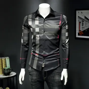 Čierne kockované košele pánske jarné a jesenné módne trend tlač dlho puzdre tričko klope tlačidlo business tričko