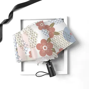 Automatický Dáždnik Dážď Ženy Troch-skladací Dáždnik Vintage Geometrické Slivkové Kvety Vetru Dáždnik Žena Nepremokavé parasol