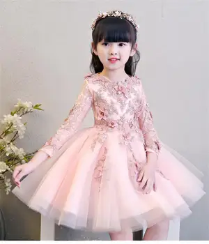 Dieťa giris dress2021 nové mólo večerné šaty dlhé rukávy princezná šaty ružové detské svadobný kvet dievča klavírne kostým l
