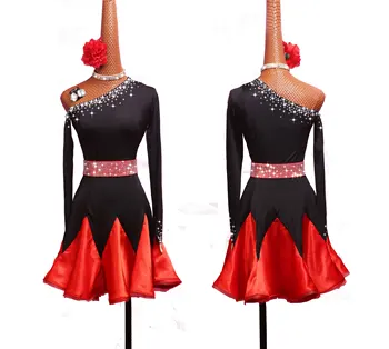 Lesklé Drahokamu Latinské Tanečné Šaty Pre Ženy Black Red Čipky Klub Strany Tanečník Spevák, Zabávač Skladaný Šaty