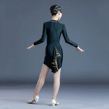 Dlhé Rukávy latinské Tanečné Šaty Dievčatá Profesionálne latinskej Tanca Praxi Nosenie Leopard Sukne Rumba, Samba Kostým Čiernej Farby BL6926
