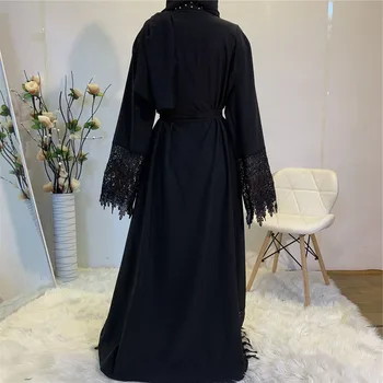 Abaya Moslimských Lištovanie Patchwork Ženy Arabských Maxi Šaty, Šaty S Čipkou Patchwork Otvoriť Kimono Vrecká Na Blízkom Východe Dubaj Kaftan Nové