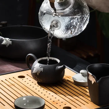 160 ml Retro Black Hrubej Keramiky Xishi Hrniec Ručné Striebrenie Javorový List Kanvica Kung Fu Čaj Osobné Master Hrniec Oolong Teaware