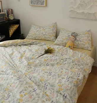 Rustikálny francúzsky kvetinový posteľná bielizeň nastaviť dievča,zelená, žltá, fialová bavlna twin plný kráľovná bytový textil plochý list vankúš perinu