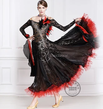 Elegantné prispôsobiť black red long sleeve drahokamu Fox klus Valčík tango salsa súťaže ballroom dance šaty