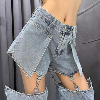 Retro odnímateľný džínsové nohavice sučka BF rovno voľné vysoký pás slim nohavice na jar sexy dizajn osobnosti šitie šortky