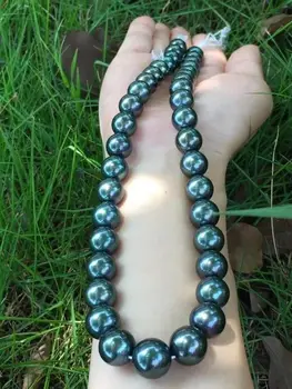 Obrovské 13-15 mm tahitian kolo zelená čierna perlový náhrdelník 18-palcové 925s