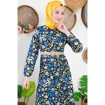 Daffodil Kvetinový Vzor, Slamy Pás Indigo Šaty -moslimské oblečenie žien abaya kaftan skromné šaty abayas pre ženy abaya turecko turek