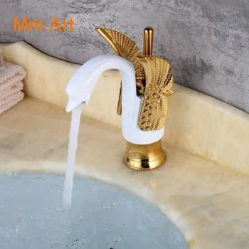 Grifo de latón con forma de cisne dorado y blanco para lavabo de baño, grifería de agua fría y caliente con forma de Zvierat