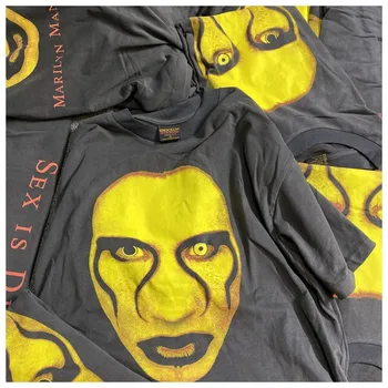 Street style Marilyn Manson vintage vytlačené mužov a žien bavlna hip hop nadrozmerné umyté gray-krátke rukávy T-shirt