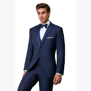 Nové najnovšie kabát nohavice vzory Modré Pánske Večera Prom Obleky, kostýmy homme Groomsmen Svadobné Sako Obleky (Bunda+Nohavice+Vesta+Kravatu)