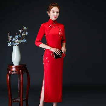 Elegantné Ženy Čínske Svadobné Party Šaty Cheongsam Tradičné Saténové, Hodvábne Červenej Krajky Kvetinové Výšivky Retro Dlho Qipao S-4XL