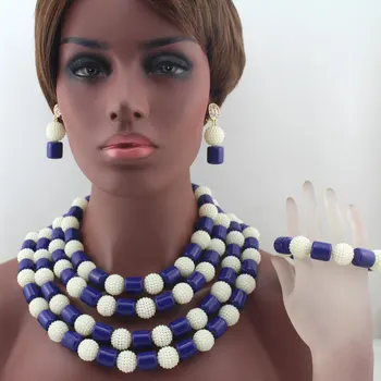 Nové Trendy Dizajnu Biele Plastové Pearl Loptu Neclaces Ženy Šperky Nigérijský Svadobné Kráľovská Modrá Coral Šperky Oslobodení Lode W13734