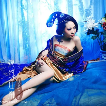 Sheng Shi Tang Chao Properous Tang Sapphire Blue Dlhým Chvostom Princezná alebo Cisárovná Kostým pre Ženy, Použitie Fotografie