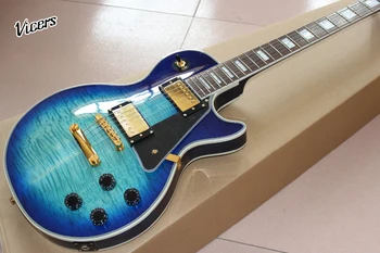 Custom shop Elektrická Gitara.Mahagónové telo guitarra. modrá farba tiger plameň gitaar.Zlatá farba hardvéru