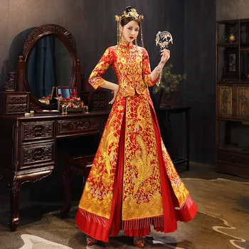 Zlaté Výšivky Štýlový Čínsky Orientálna Svadobné Šaty, Spoločenské High-quaity Klasické Cheongsam Čína Qipao костюм для восточных