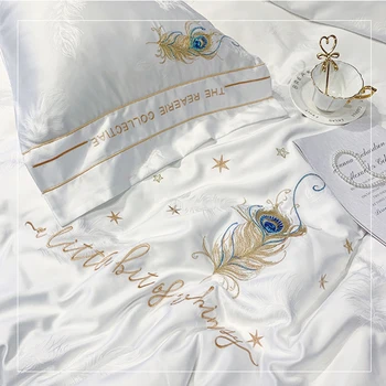 Luxusné Biele Saténové, Hodvábne Bavlnená posteľná bielizeň Sady kráľovná veľkosť Výšivky Perinu Byt/Montované Plechové obliečky na Vankúše bytový Textil