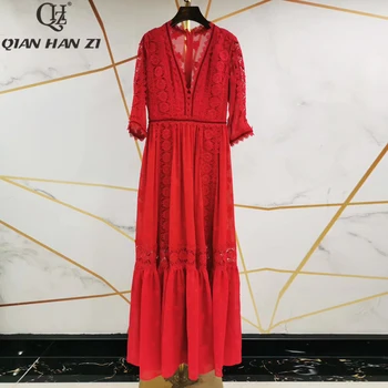 Qian Han Zi Dizajnér Dráhy Módne Maxi šaty dámske 3/4 Rukáv, V-Golier, Vyšívané Vysoko Kvalitnej Čipky Bežné dlhé Šaty Šaty