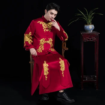 Tradičné červené Čínske Svadobné oblečenie Vintage Ženícha Cheongsam muž hanfu Výšivky Orientálny stánok golier tang vyhovovali sady
