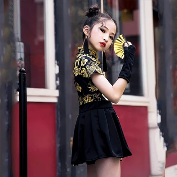 Deti Jazz Tanečné Kostýmy Dievčatá Čínsky Štýl Pódium Oblečenie HipHop Roztlieskavačky Výkon Tanečné Oblečenie Krátky Rukáv DNV14643