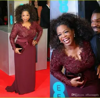 Oprah Winfrey Burgundsko Dlhé Rukávy Matka Nevesty Šaty tvaru Priehľadnej Čipky Plášť Plus Celebrity Červený Koberec Večerné šaty