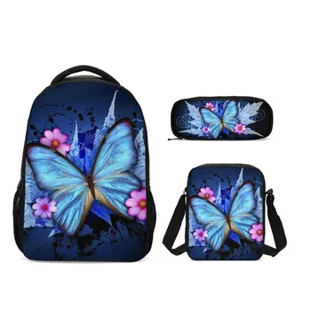 3ks/Set Portfólia Školské Tašky Pre Dievčatá Chlapci Módne Motýľ 3D Tlač Batohy Bookbag Bežné Daypacks Mochila Lech