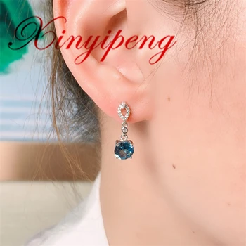 Xin Yipeng Jemné Šperky Reálne S925 Šterlingov Strieborné Pozlátené Bielym Zlatom Vykladané Kolo Blue Topaz Náušnice Výročie Darček pre Ženy