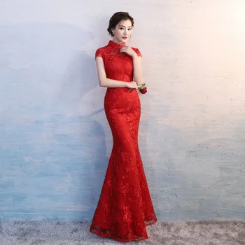 Tradičné Čínske Svadobné Šaty Moderne Čipky Červenej Cheongsam Qipao Šaty Žena Vetements Chinois Traditionnel Femme Vestido