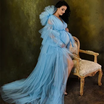 Sky Blue (Nebeská Modrá Tylu Materskej Celebrity Šaty Volánikmi Dlhý Rukáv Svadobné Sleepwear Župany Nightgowns Viazané Rúcha