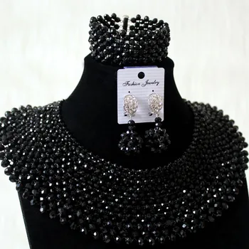 Dudo Veľké Africké Šperky Set Golier Dizajn Nigérijský Náhrdelník Nastaviť Crystal Čierny Náramok a Náušnice