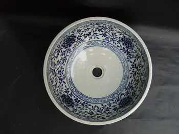 Umelecké ručne maľované keramické modré a biele porcelánové umývadlo v kúpeľni a wc