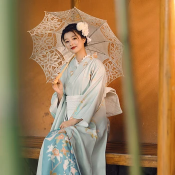 Japonské Tradičné dámske Dlhý Rukáv Kimono Krásna Modrá Farba Klasické Yukata Vykonanie Šaty Cosplay Kostým Foto Nosenie