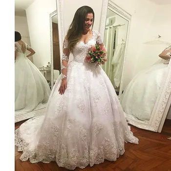 Vestido De Casamento Dlhé Rukávy Luxusné Svadobné Šaty Plesové Šaty Svadobné Šaty Šité Čipky Appliques Svadobné Šaty 2019