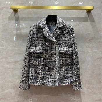 Prehoz vlnené Sequin Nové ohraničený kabát pre ženy s jeseň a v zime tkané pearl kus hodvábu podšívka farby