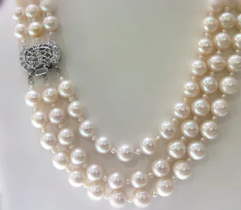 Veľkoobchod s 3-riadkovým prírodné AA 9-10 mm biele okrúhle sladkovodné perly a krásny náhrdelník spona