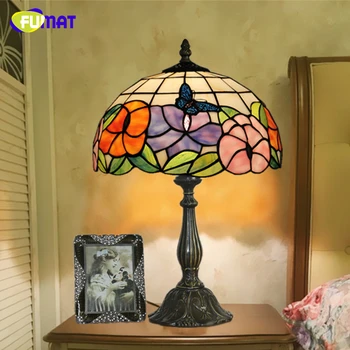 FUMAT vitráže stolná Lampa LED-Motýľ, Kvety, Sklenené Tienidlo Lampy, Obývacia Izba Hotel Nočné Lampy Domova Svietidlá