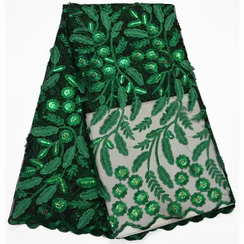 (5yards/pc) nádherné vyšívané Afriky tylu čipky textílie Nigérijský zelená francúzskej čipky textílie s flitrami na spoločenské FLP874