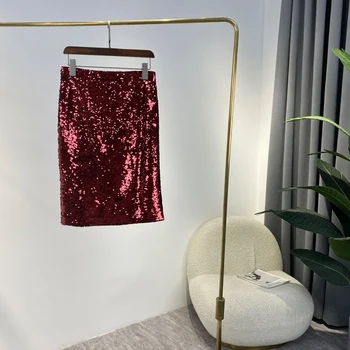 Vysoko Kvalitné Dámske Sexy Sequined Sukne 2021 Jeseň Červená Hodvábna Lesklá Vysoký Pás Midi Sukne