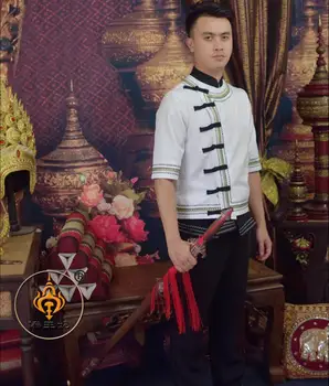Thajsko YunNan Dai Závod tradičné GentleMan Oblečenie, Polovičný rukáv Vody Striekajúcej Festival Oblečenie Ľudovej Cosutme Bunda + Nohavice