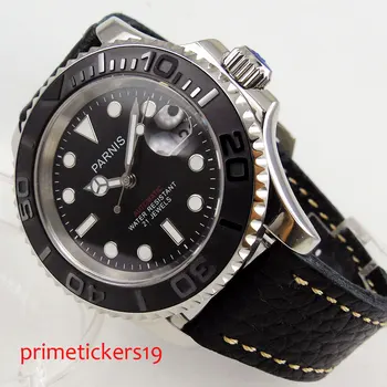 Blakc dial strieborná farba prípade 41mm dátum dapphire sklo kožený remienok rotujúce keramické rámu automatického pohybu pánske hodinky