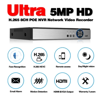 H. 265 8CH 5MP 4MP POE NVR CCTV Sieťový Video Rekordér pre POE IP Kamery P2P XMEYE CCTV NVR kamerový Systém 8 Kanálov